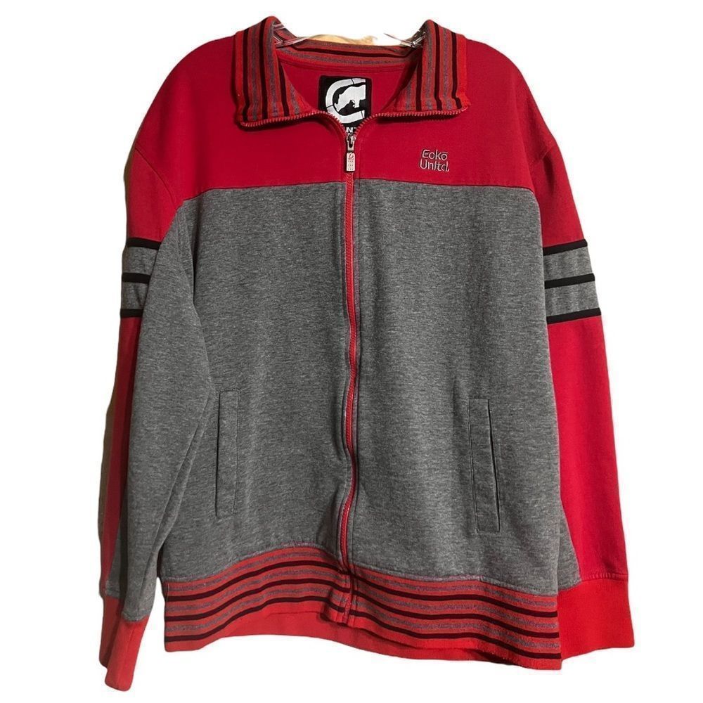 Ecko Unlimited Grey Red Trim Zip Up Sweatshirt Jacket Sz XL